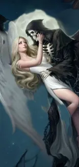 Fantasy wallpaper of angel embracing reaper under a moonlit sky.