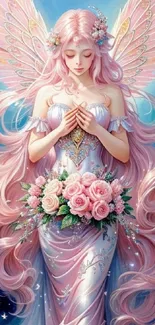 Ethereal angel with pink wings and pastel colors.