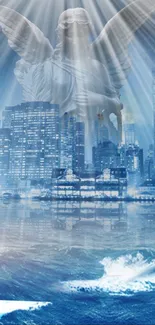 Ethereal angel above city skyline with ocean reflection.