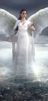 Ethereal angel with wings above cityscape wallpaper.