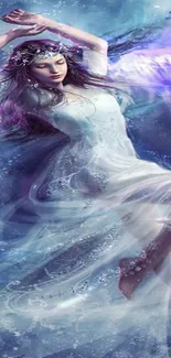 Ethereal angel in flowing dress with serene blue hues.