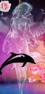 Ethereal angel, dolphin, and flowers in a mystical purple sky.