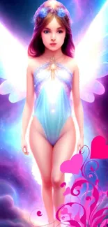 Ethereal angel with radiant wings in a cosmic fantasy setting.