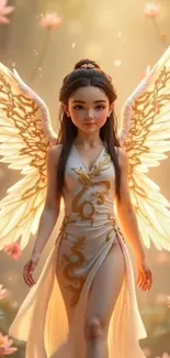 Ethereal angel with glowing wings in a fantasy setting.