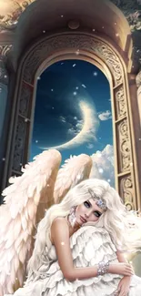 Ethereal angel with white wings under a moonlit sky in a fantasy setting.