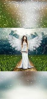 Mystical angel stands on a path with wings, surrounded by enchanting nature.