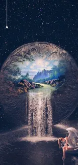 Magical wallpaper with an angel and cosmic waterfall scene.