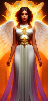 Ethereal angel with glowing wings and celestial background.