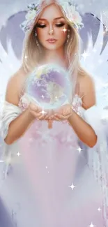 Ethereal angel holding an illuminated Earth globe in a celestial setting.