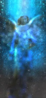 Ethereal angelic figure in blue light, creating a mystical aura.