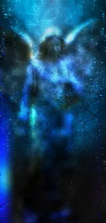 Ethereal angel in blue mist with angelic wings and serene atmosphere.