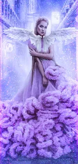 Ethereal angel in lilac dress within a mystical cityscape wallpaper.