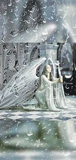 Ethereal angel with wings in a Gothic hall, creating a serene and mystical atmosphere.