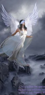 Ethereal angel with wings in misty landscape.