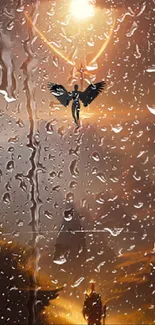 Ethereal angel in rain with warm glowing light on mobile wallpaper.