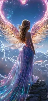 Angel with radiant wings in a starry sky