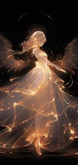 Ethereal angel with glowing wings and dress in soft orange light.