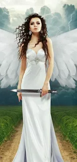 Angel with wings and sword on a path.