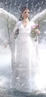 Ethereal angel with wings and flowers in raindrop scene.