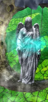 Angel statue on crescent moon with vibrant green background.