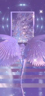 Ethereal angel with lavender wings on a mystical staircase.