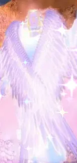 Ethereal angel with sparkling wings in a light pink glow.