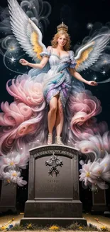 Ethereal angel statue with wings on a starry night background.