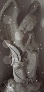 Ethereal angel statue mobile wallpaper in calming gray tones.