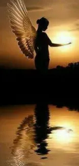 Ethereal angel silhouette at sunset with reflection in calm waters.