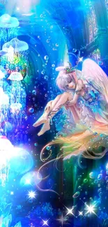 Ethereal angel floating in a vibrant underwater scene with stained glass.