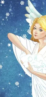 Ethereal angel with snowflakes on blue background.