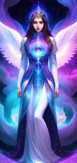 Ethereal angel with wings in cosmic purple mist.