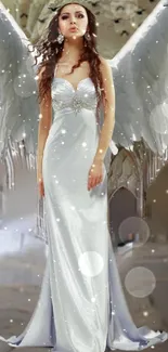 Ethereal angel in silver gown with celestial wings and glowing background.