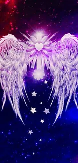 Ethereal angel wings set against a purple cosmic background.