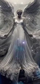 Ethereal angel with wings in serene atmosphere.