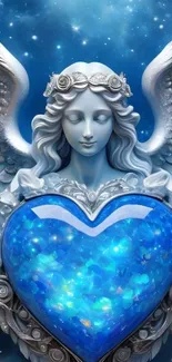 Ethereal angel holding a glowing blue heart