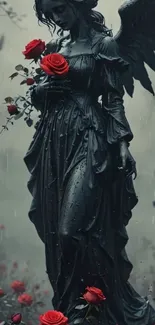 Gothic angel statue with red roses in a serene setting.