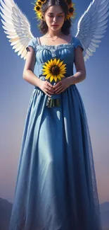 Angel with sunflowers in a blue dress and wings, serene and ethereal scene.