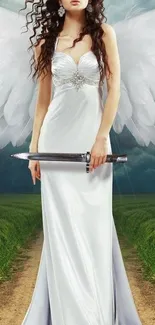 Mystical angel in a white dress holding a sword, set in a serene landscape.