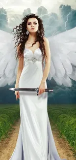 Ethereal angel in white dress holds a sword with stormy sky background.