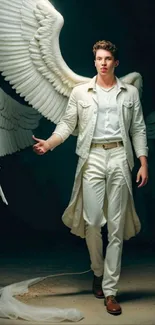 Angel with majestic wings in white clothing stands gracefully.