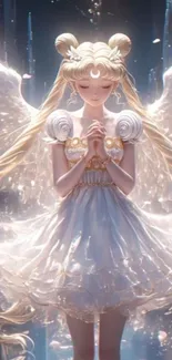 Ethereal anime angel with glowing wings and dreamy background.