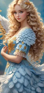 Angelic fantasy figure with golden wings and intricate design.