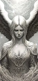 Ethereal angelic figure with wings in grayscale art