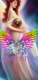 Ethereal angel with colorful wings in a cosmic background.