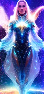 Ethereal angelic figure with vibrant, cosmic aura in a celestial setting.