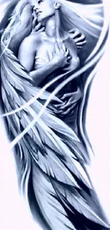 Ethereal angel embracing figure with wings in blue hues, perfect mobile wallpaper.