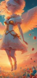 Ethereal angel in vibrant fantasy art with celestial background.