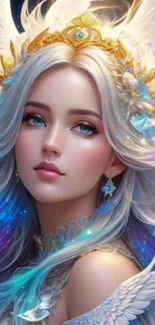 Ethereal angelic figure in fantasy art wallpaper with celestial colors.