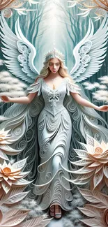 Intricate fantasy art of an angel with beige and teal floral quilling.